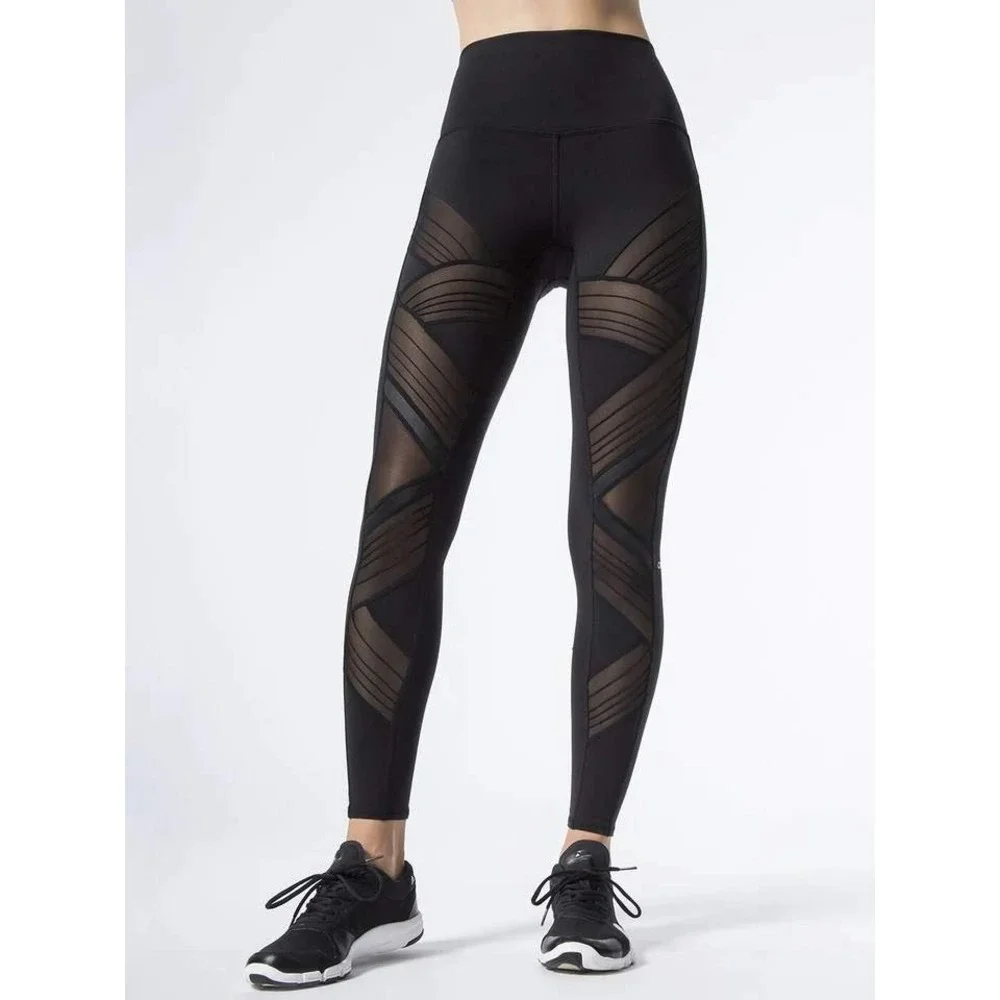 Alo Yoga High Waist Moto Leggings Black Mesh Mixed Media Yoga Pants W5494R